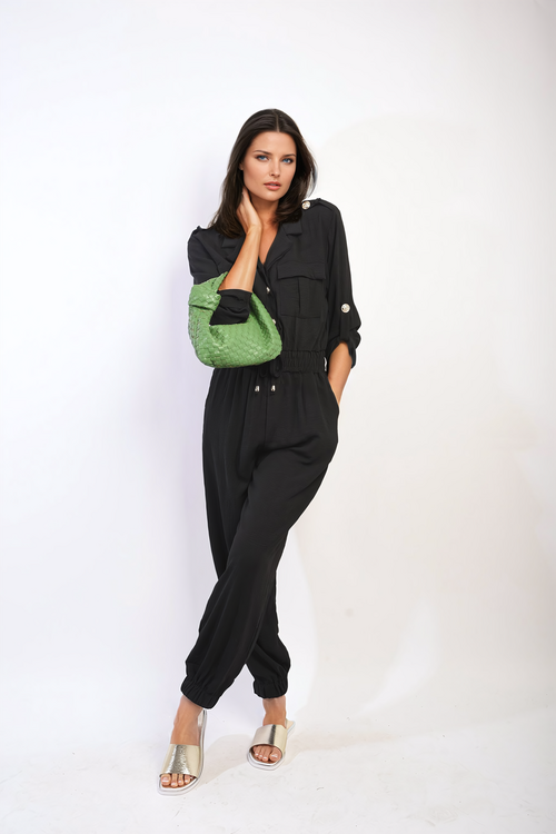 Black collar button-front jumpsuit, drawstring waist and jogger cuffs, long sleeves