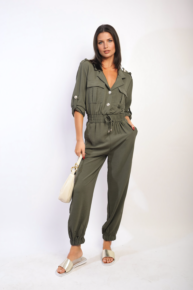 Olive green collar button-front jogger jumpsuit with drawstring waist and cuffed legs.