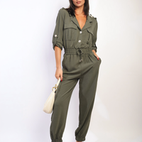 Olive green collar button-front jogger jumpsuit with drawstring waist and cuffed legs.