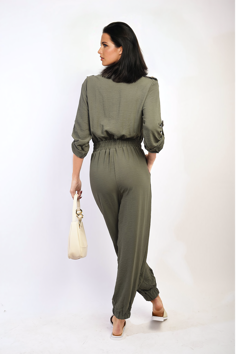 Olive green button-front collar jumpsuit with drawstring waist and gathered jogger cuffs.