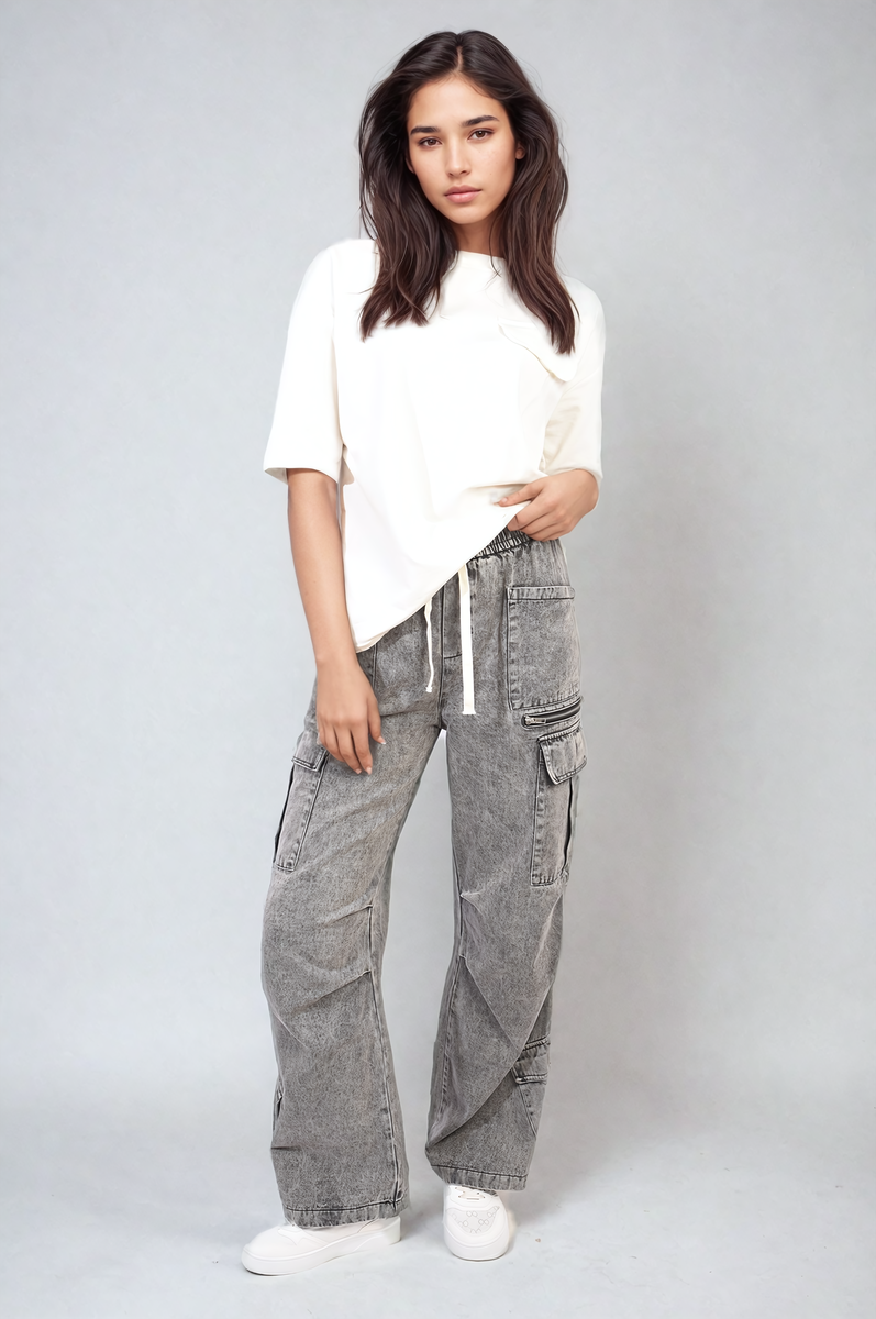 Grey cargo jeans with drawstring waist, patch cargo pockets, full front view