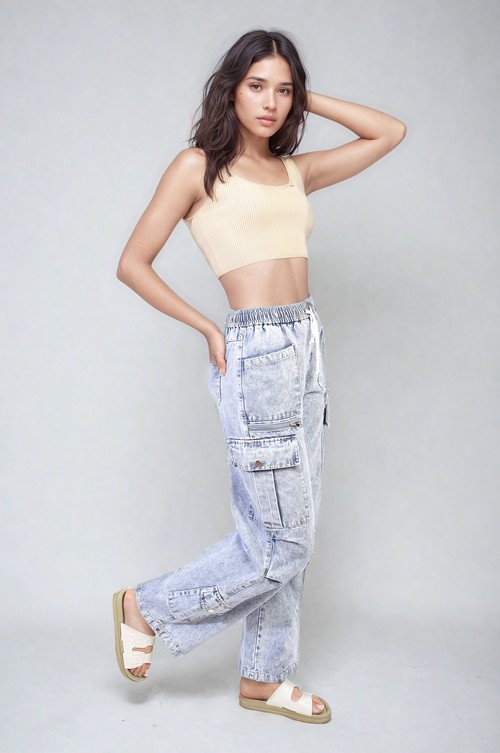 Light blue cargo jeans with drawstring waist and large patch pockets, standing pose