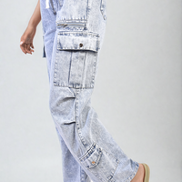 Light blue cargo jeans with drawstring waist and multiple patch pockets, side view