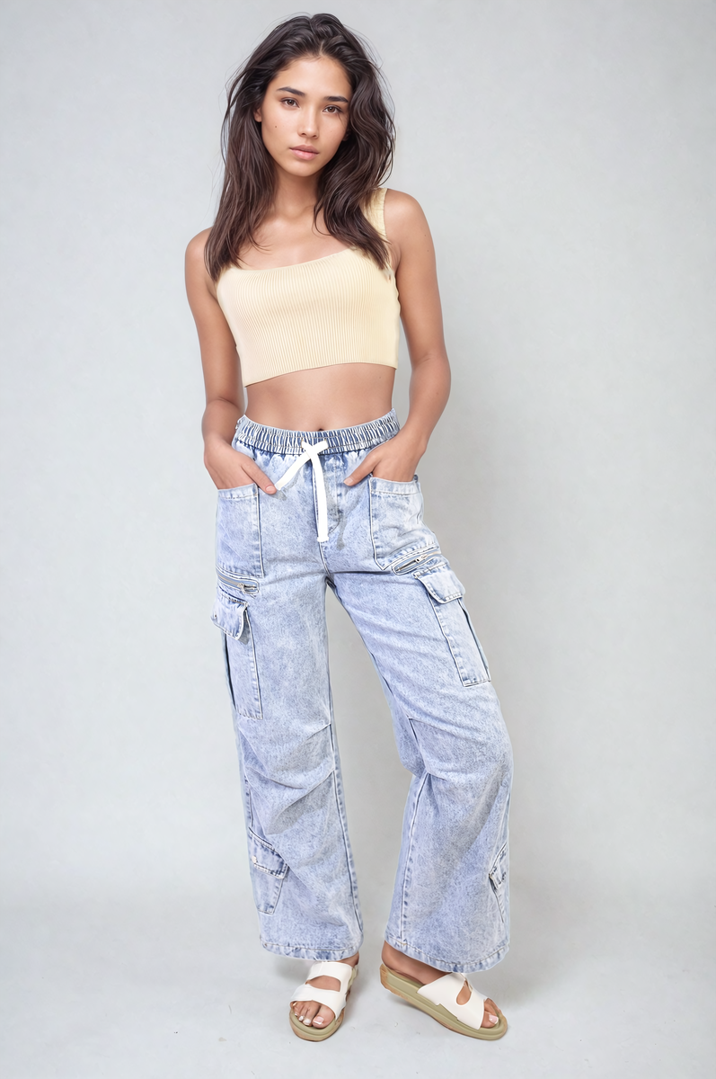 Light blue cargo jeans with drawstring waist, wide leg, front patch pockets