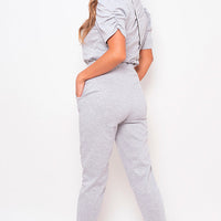 Co-ord Set in Khaki with Ruched Sleeve Top and Joggers