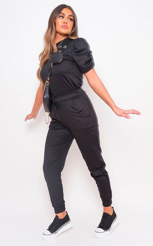 Co-ord Set in Khaki with Ruched Sleeve Top and Joggers