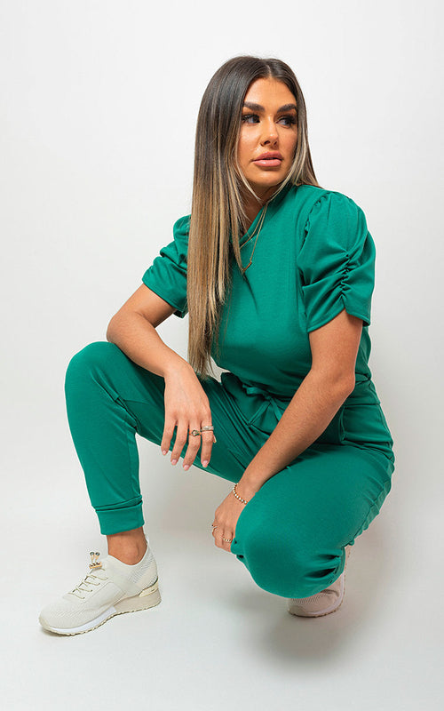 Co-ord Set in Khaki with Ruched Sleeve Top and Joggers