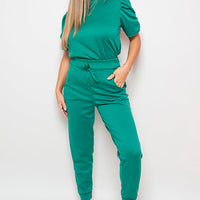 Co-ord Set in Khaki with Ruched Sleeve Top and Joggers