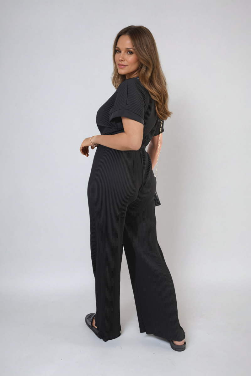 Pleated Jumpsuit in Khaki with Tie Waist and Wide Legs