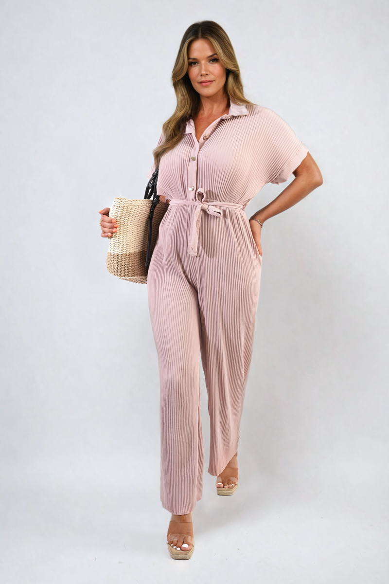 Pleated Jumpsuit in Khaki with Tie Waist and Wide Legs