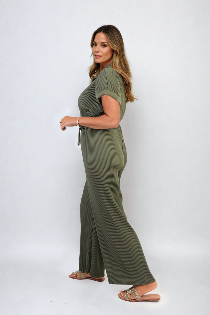 Pleated Jumpsuit in Khaki with Tie Waist and Wide Legs