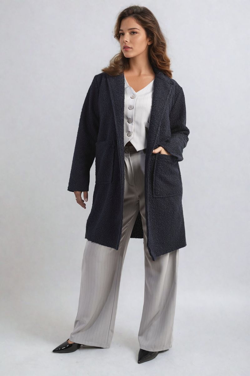 Dark navy textured button-up jacket with front flap pockets and long sleeves