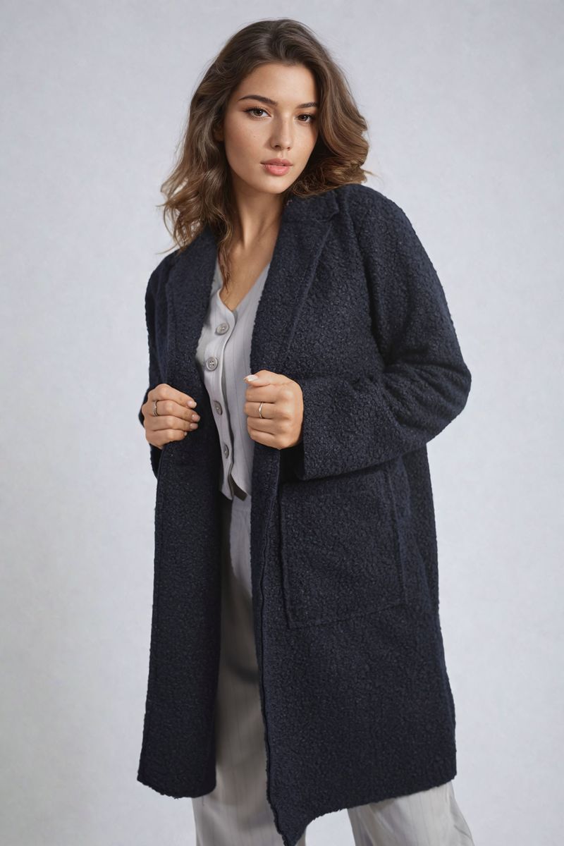 Navy textured button-up jacket with V-neck placket and flap front pockets