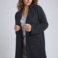 Navy textured button-up jacket with V-neck placket and flap front pockets