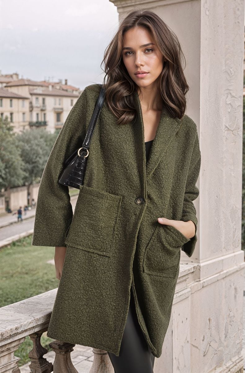 Olive textured button-up jacket with notch collar and flap front pockets