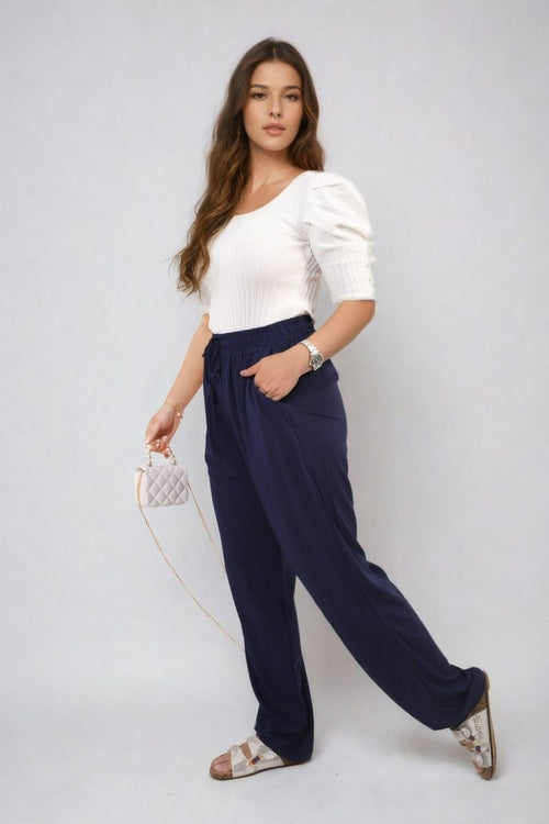 Drawstring high-waist trousers with side pockets, navy blue