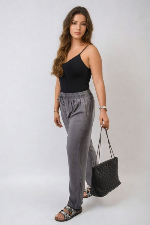 Drawstring high-waist trousers with side pockets, medium gray