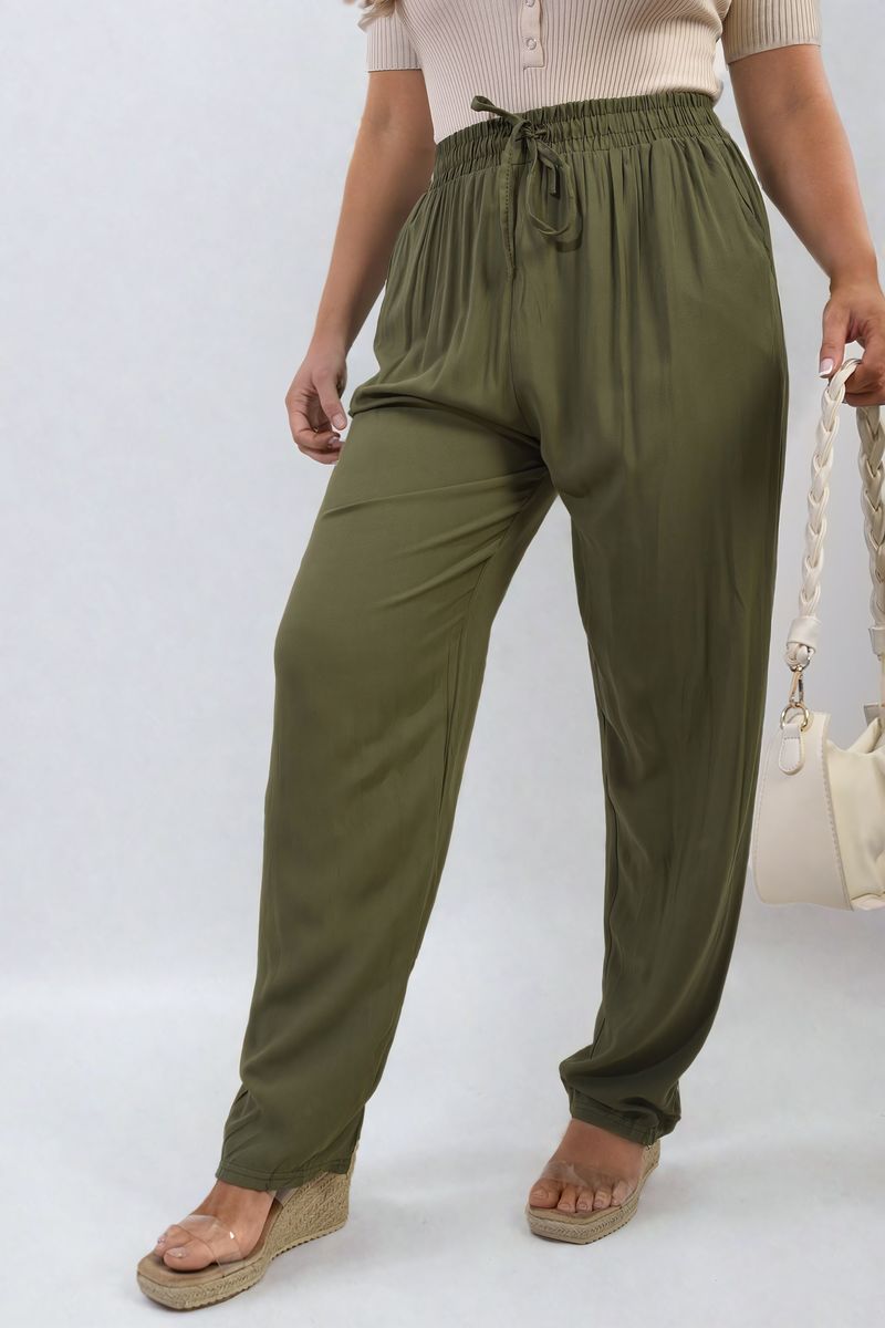 Olive green high-waist drawstring trousers with side pockets and relaxed tapered legs