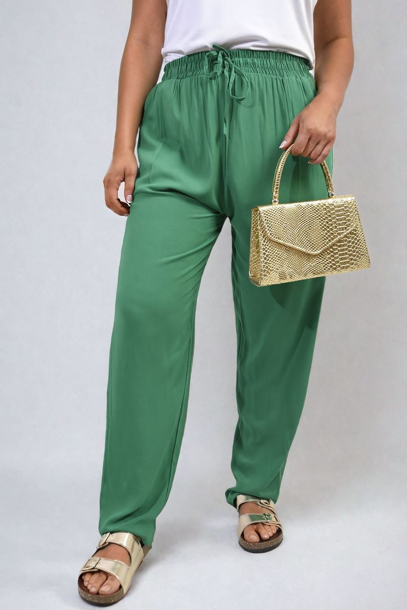 Green high-waist drawstring trousers with side pockets and flowing straight-leg fit