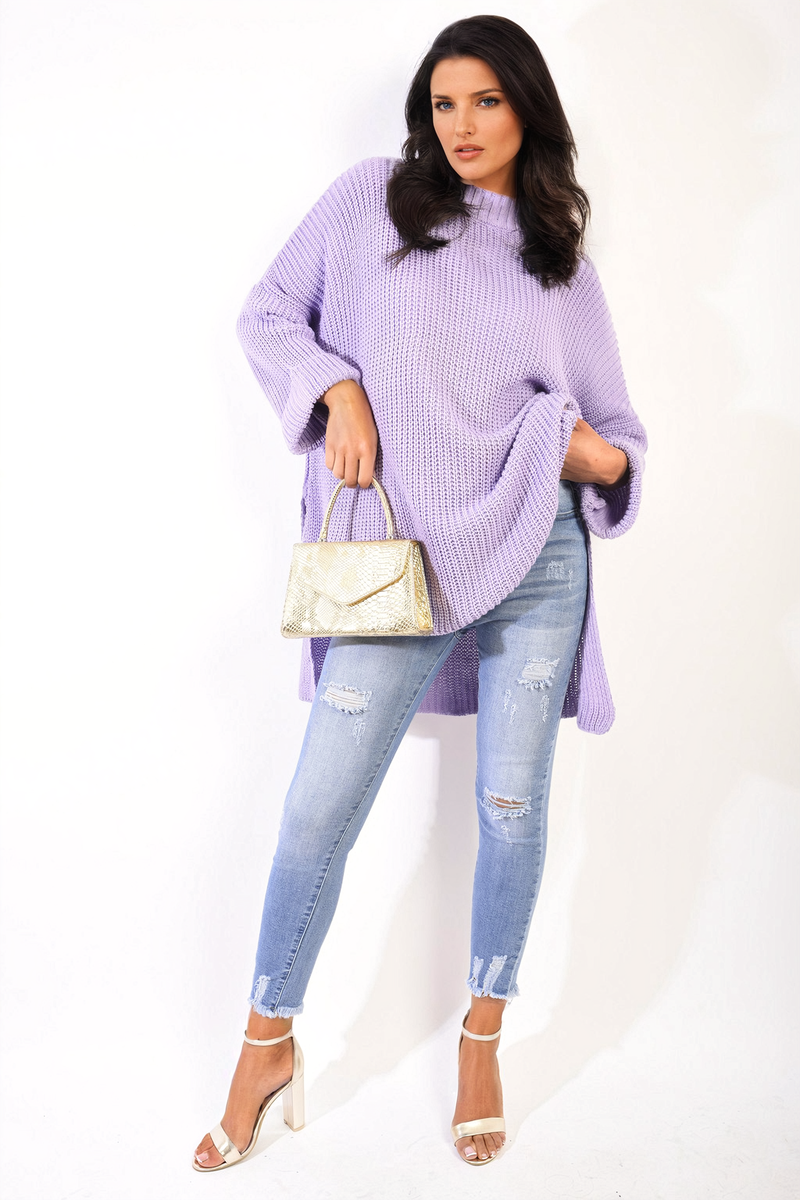 Oversized Jumper in Orange with High Neck and Side Splits