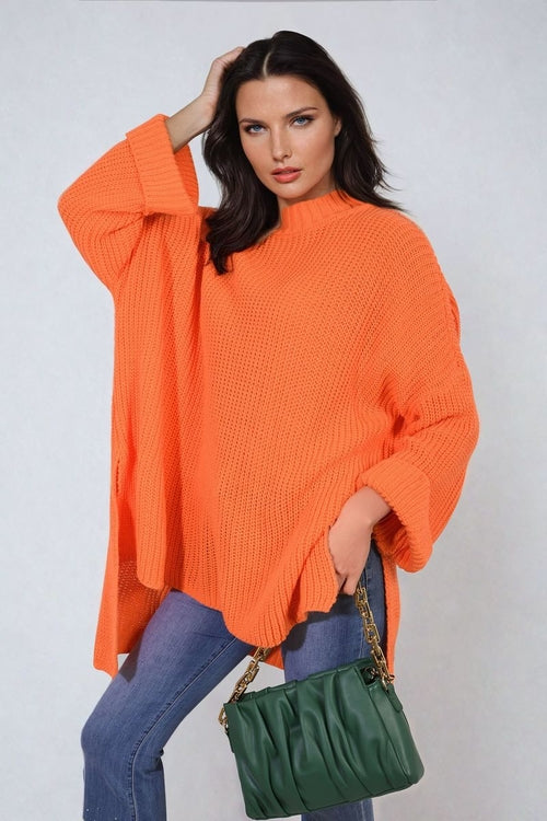 Oversized Jumper in Orange with High Neck and Side Splits