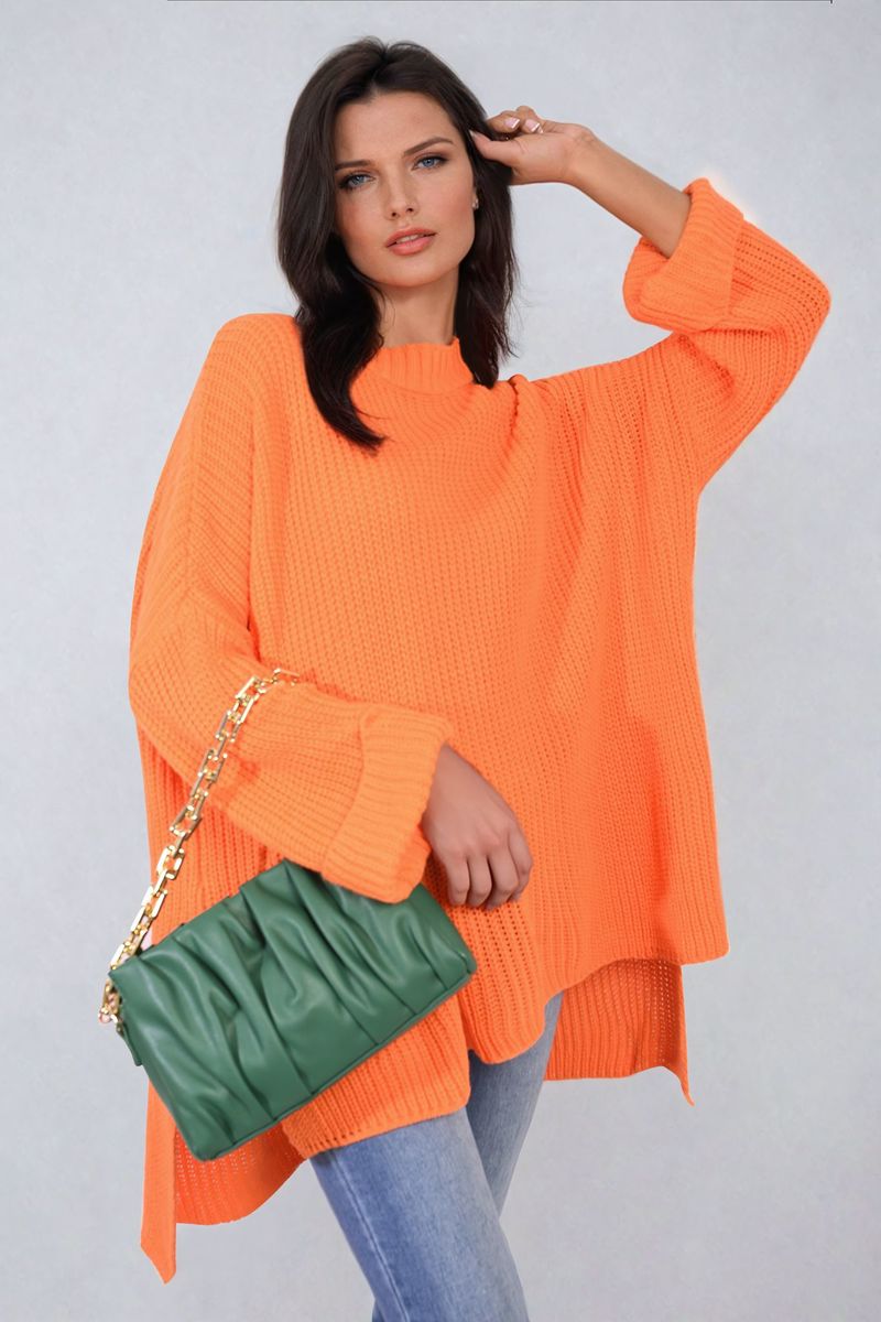 Oversized Jumper in Orange with High Neck and Side Splits