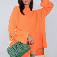 Oversized Jumper in Orange with High Neck and Side Splits