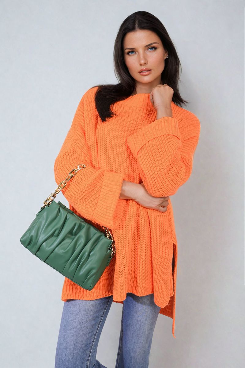 Oversized Jumper in Orange with High Neck and Side Splits