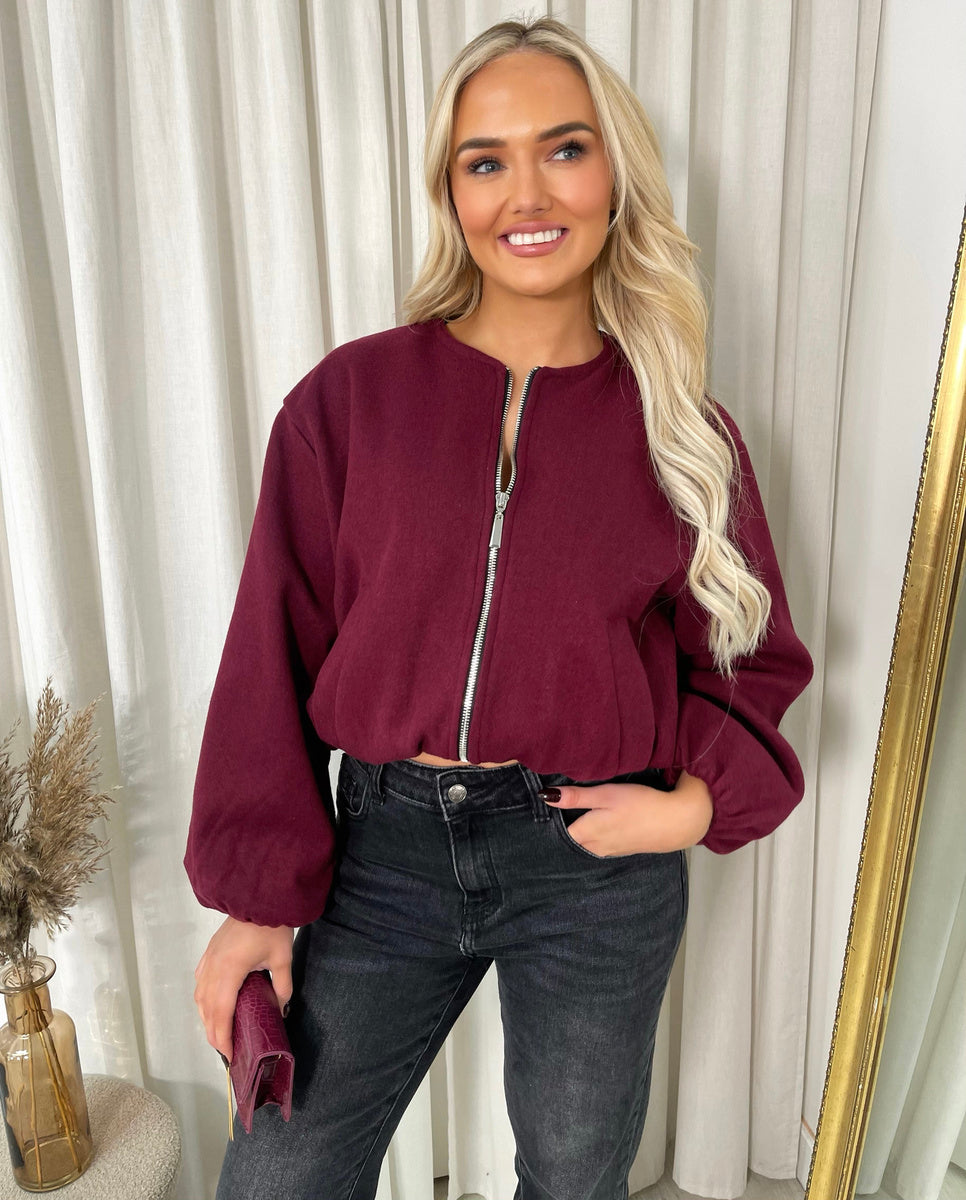 Cropped Bomber Jacket in Wine with Balloon Sleeves