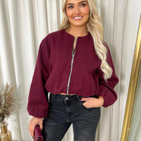 Cropped Bomber Jacket in Wine with Balloon Sleeves