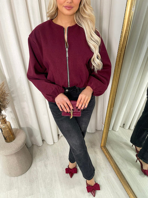 Cropped Bomber Jacket in Wine with Balloon Sleeves