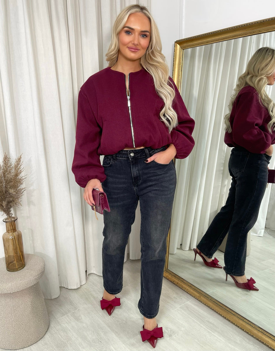 Cropped Bomber Jacket in Wine with Balloon Sleeves