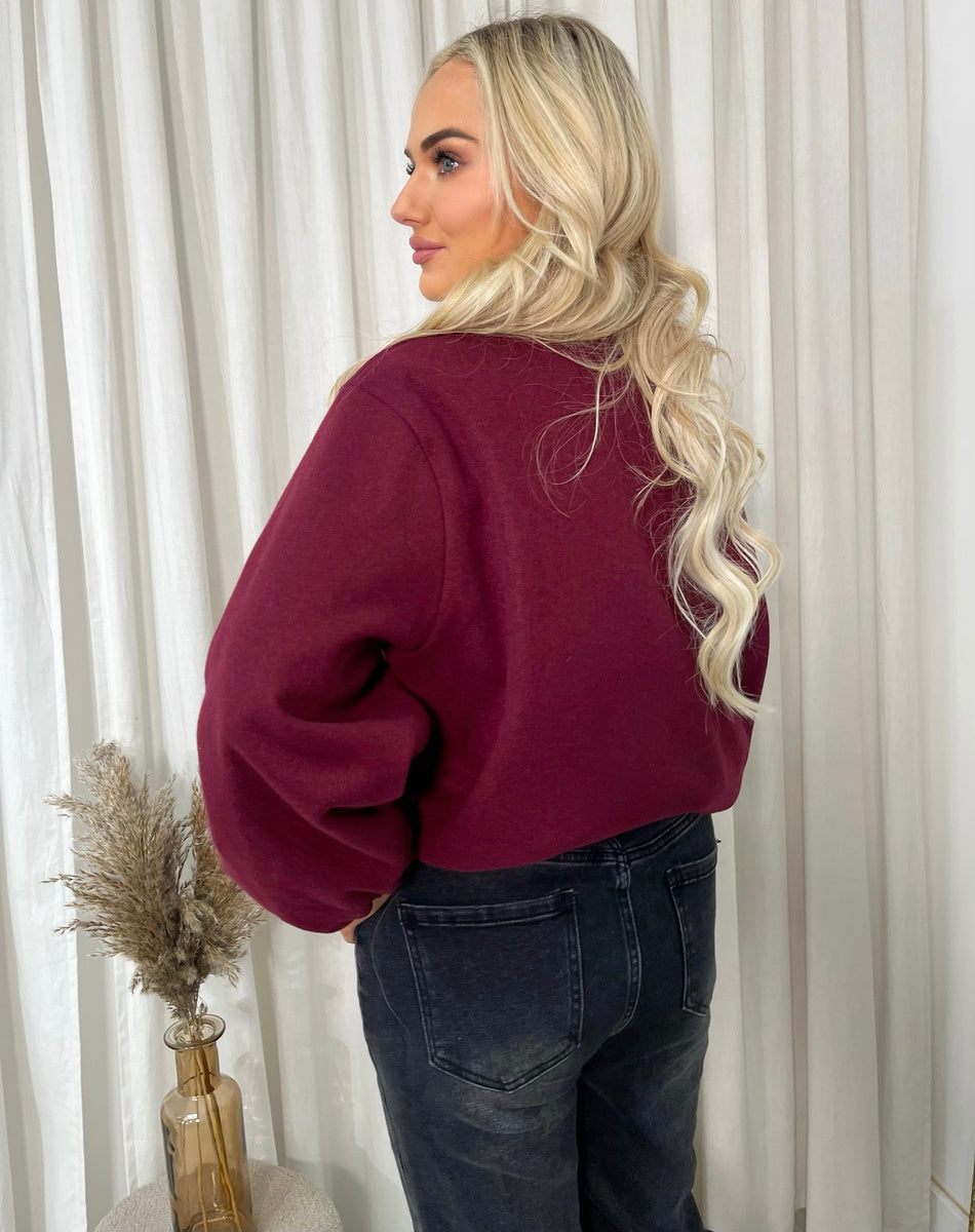 Cropped Bomber Jacket in Wine with Balloon Sleeves