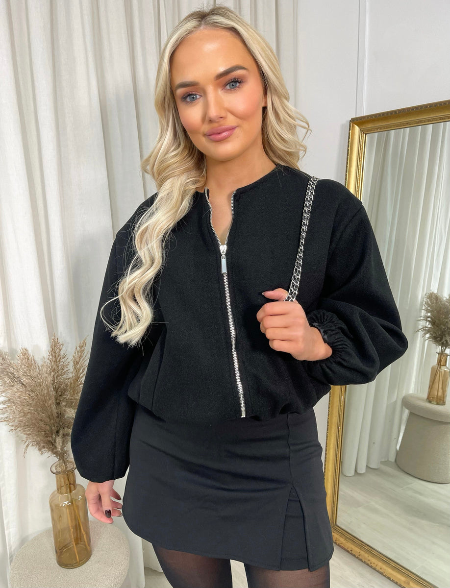 Cropped Bomber Jacket in Wine with Balloon Sleeves
