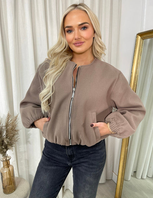 Cropped Bomber Jacket in Wine with Balloon Sleeves