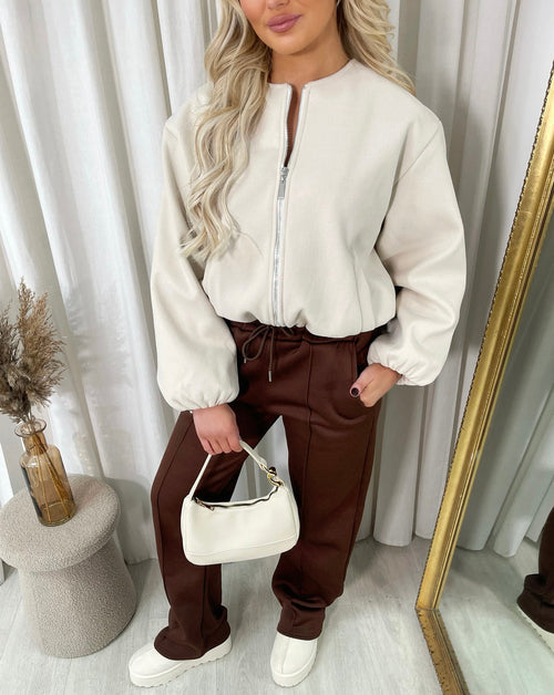 Cropped Bomber Jacket in Wine with Balloon Sleeves