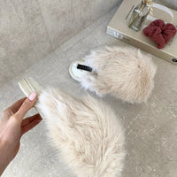 Cream fluffy faux-fur sandals set with padded strap and open-toe design