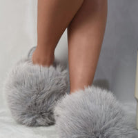 Faux fur winter sandals in light gray, slip-on slides with thick sole