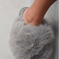 Gray faux fur winter sandals, slip-on slide with plush toe and low sole