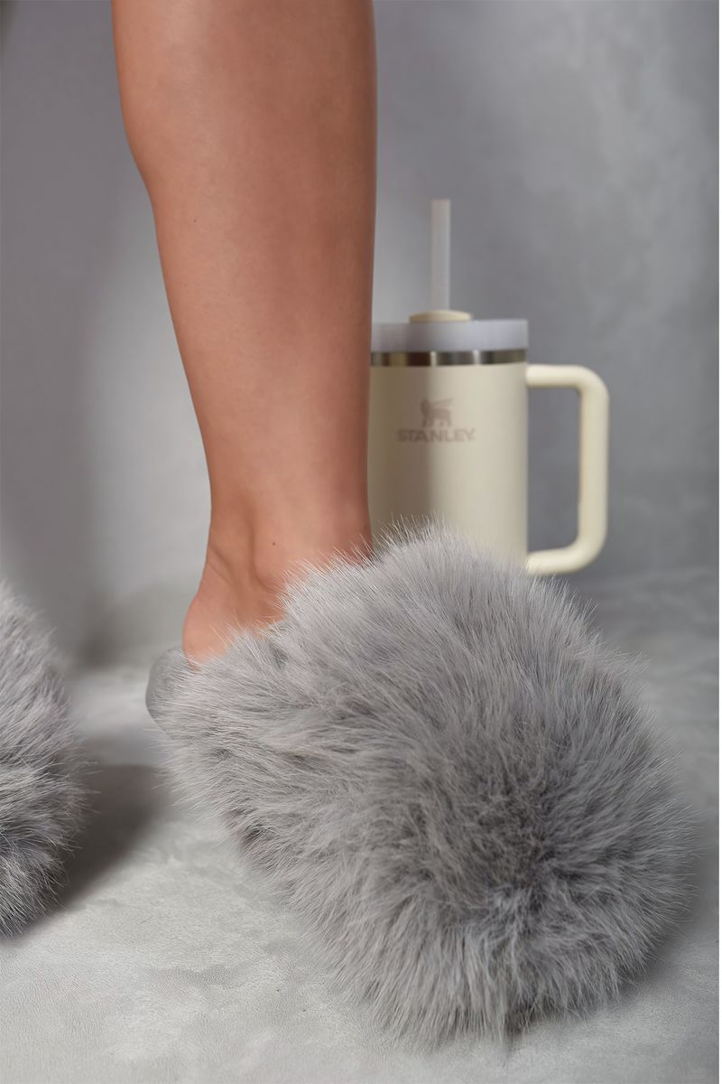 Light gray faux fur winter sandals, slip-on slides with fuzzy footbed