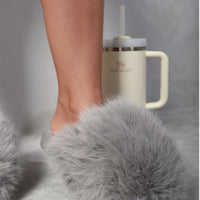 Light gray faux fur winter sandals, slip-on slides with fuzzy footbed