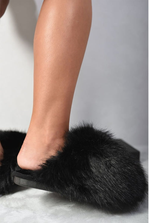 Fluffy faux-fur winter slide sandals, black fuzzy slip-on with flat sole