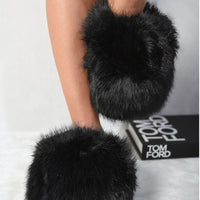 Faux fur winter sandals in black, plush slip-on slide with curved sole