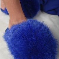 Fluffy faux-fur winter slide sandals, blue fuzzy slip-on with flat sole