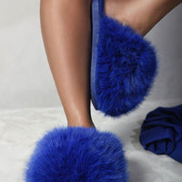 Royal blue fluffy faux-fur slide sandals with plush strap and open toe