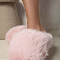 Fluffy faux-fur winter slide sandals, pink fuzzy slip-on with flat sole