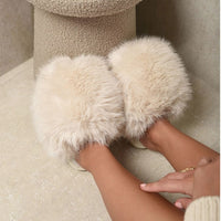 Cream faux fur winter sandals, slip-on slides with thick rounded sole
