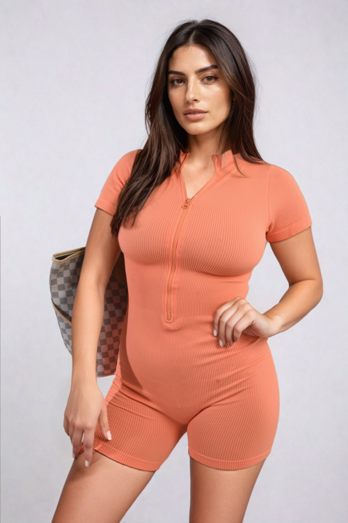 Coral rib knit zip-front playsuit, short sleeves, fitted shorts