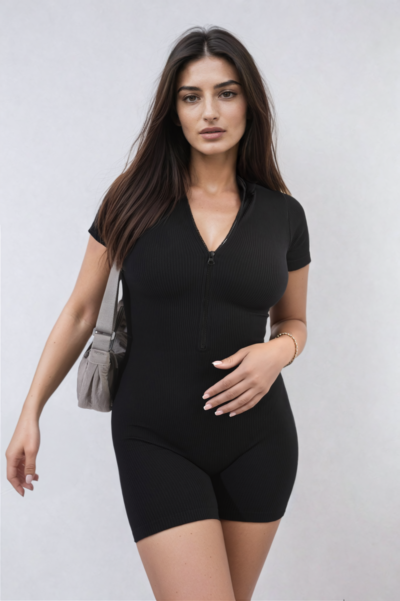 Rib knit zip-front short-sleeve playsuit in black, fitted short romper with zipper.