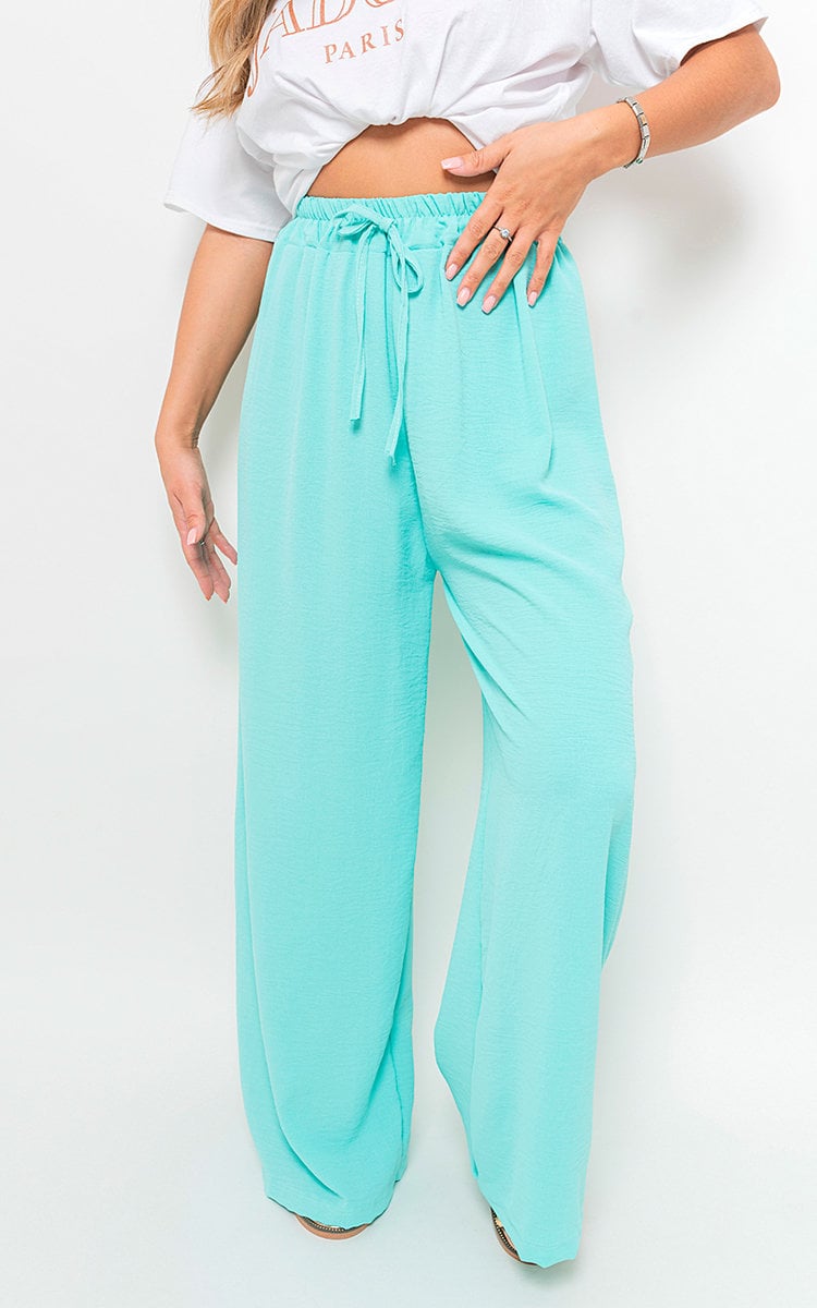 Turquoise drawstring gathered-waist wide-leg trousers with ankle-length drape